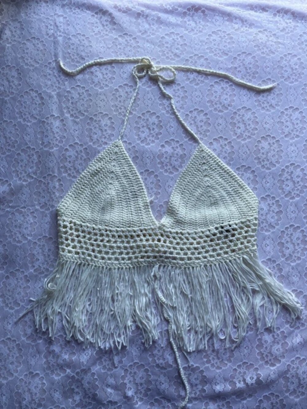 windsor crochet off white fringe halter top